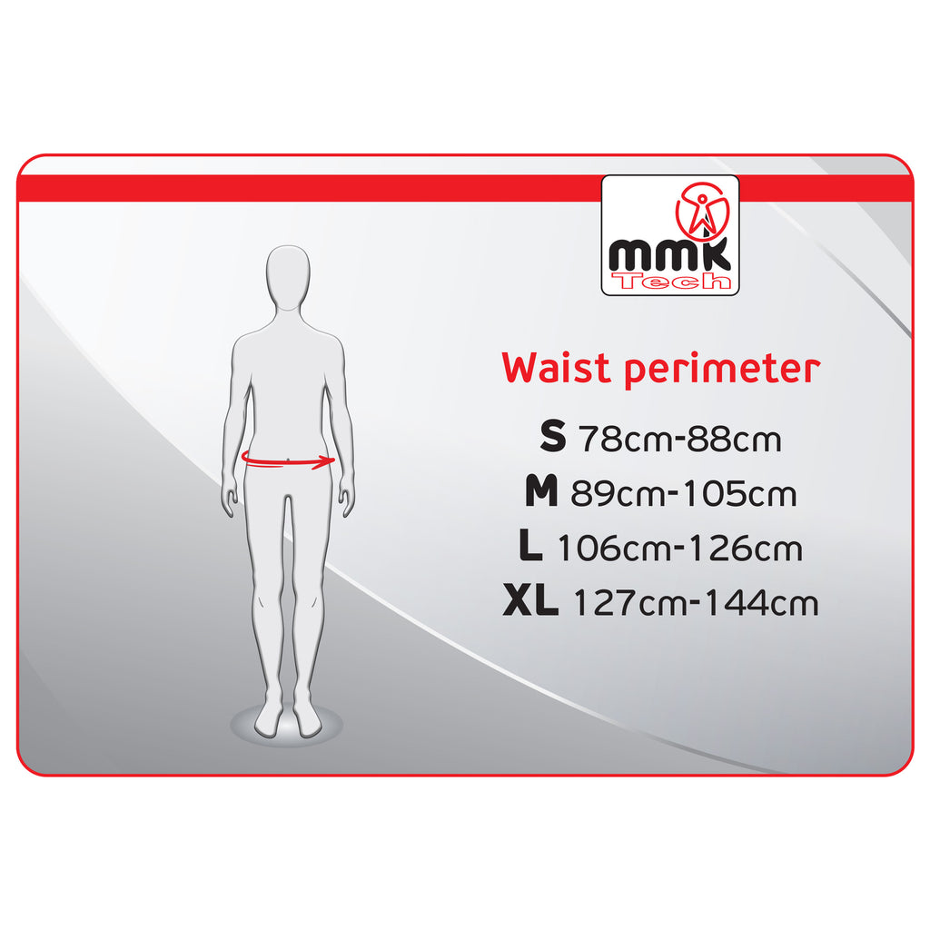 MMK Tech Taillenstützgurt mit 6 Stützstäben – Größentabelle Gurtlänge und Taillen-/Hüftumfang