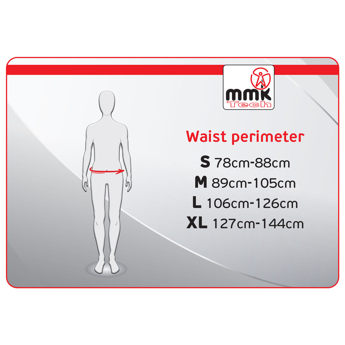 MMK Tech Taillenstützgurt mit 6 Stützstäben – Größentabelle Gurtlänge und Taillen-/Hüftumfang